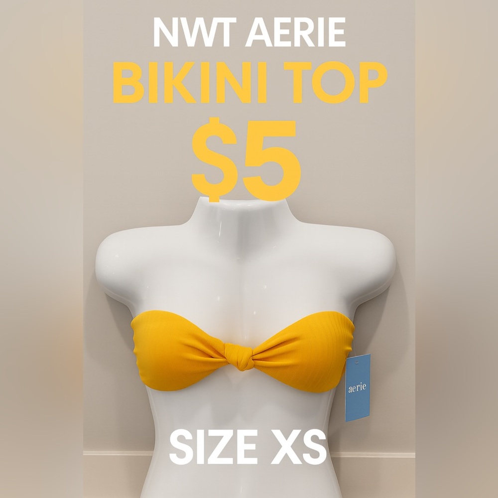 Aerie Orange Ribbed Bandeau Bikini Top Size S/P NWOT Tie Front Summer Swimwear